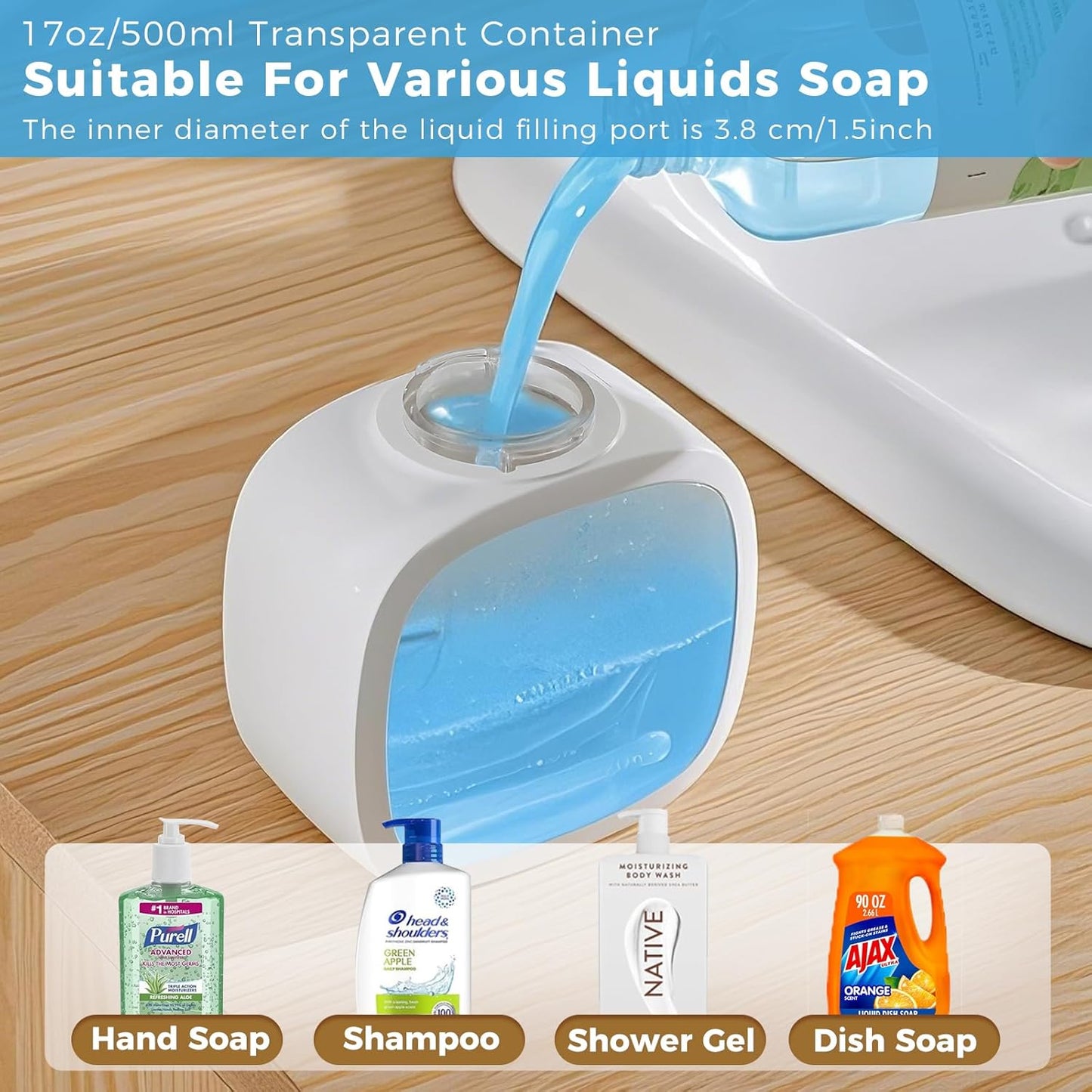 Automatic Liquid Soap Dispenser, 17oz/500ml Touchless Rechargeable with 4-Level Adjustable & IPX5 Waterproof - Level Display for Wall/Tabletop Use in Bathroom, Kitchen, Black