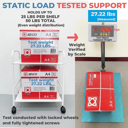 2-Tier Metal Rolling Cart, Compact Under Desk Storage Organizer | 12.2" clearance fits binders & tall bottles; anti-drop safety guard; small space mobile shelf for home, bedroom & office.