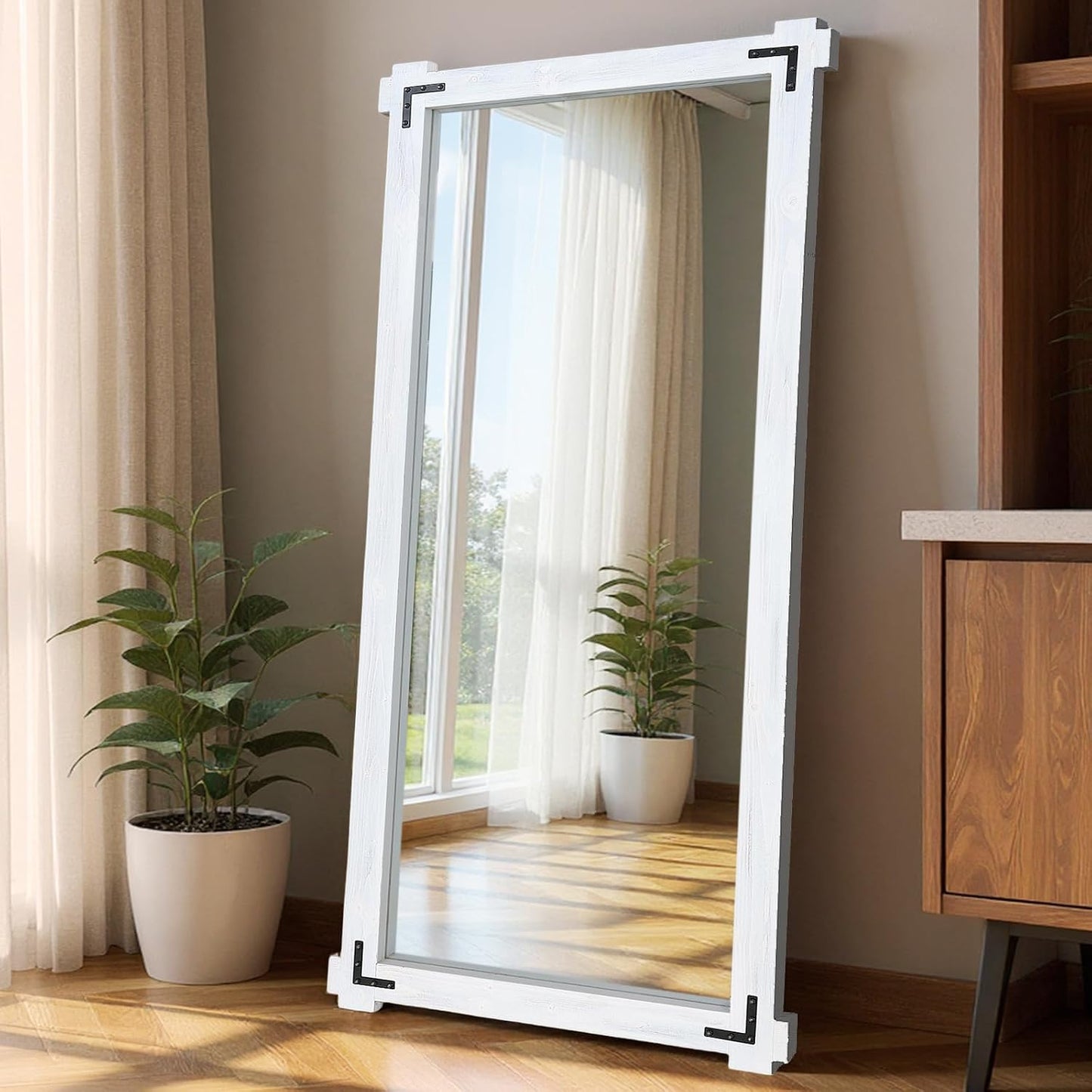 65x24 Inch Full Length Mirror, Pine Frame Full Body Standing Mirror with Metal Decorative, Black