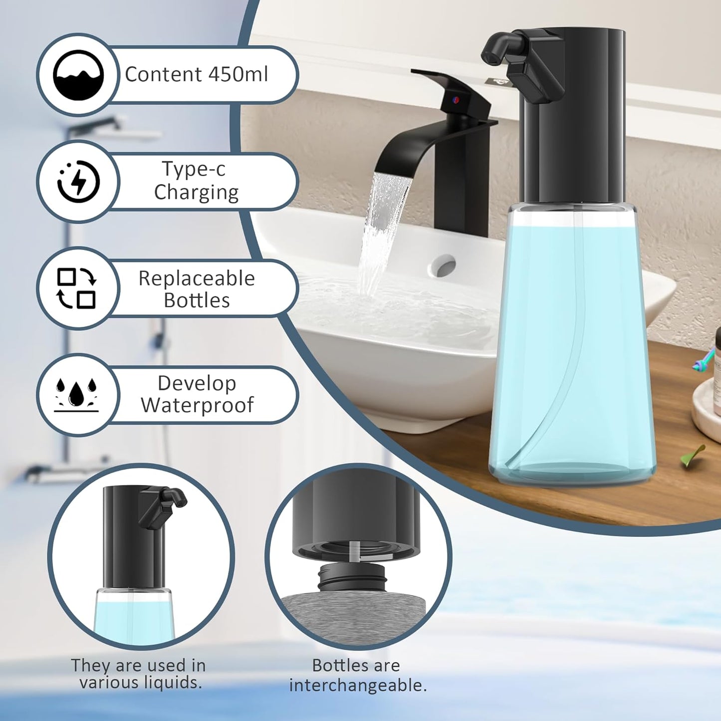 Automatic Soap Dispenser Touchless, Rechargeable 15oz/400ML Large Capacity Four-Level Adjustable Dispenser Volume Suitable for Bathroom and Kitchen (White)