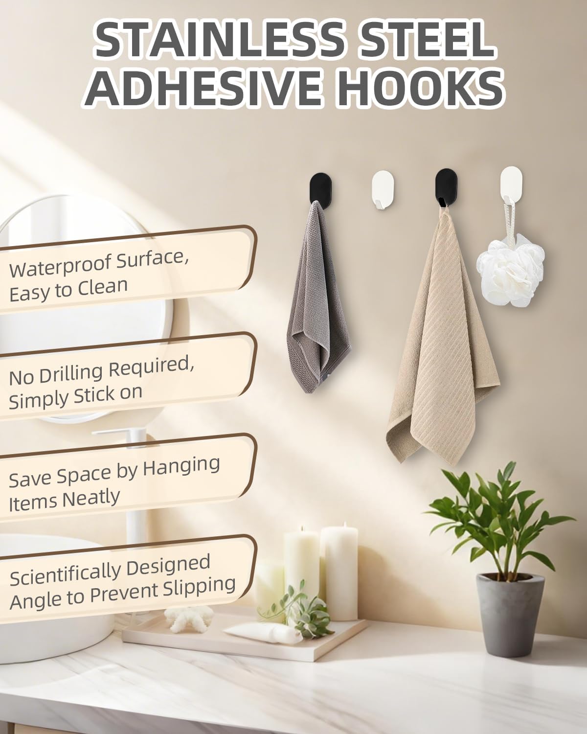 White Adhesive Hooks, 6-Pack Heavy Duty No Drill Bathroom Hooks | Waterproof & Rustproof Stainless Steel, Strong Adhesion, Holds Up to 11 lbs, Self Adhesive Wall Hooks for Towels & Robes