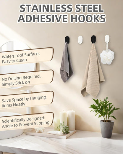 White Adhesive Hooks, 6-Pack Heavy Duty No Drill Bathroom Hooks | Waterproof & Rustproof Stainless Steel, Strong Adhesion, Holds Up to 11 lbs, Self Adhesive Wall Hooks for Towels & Robes