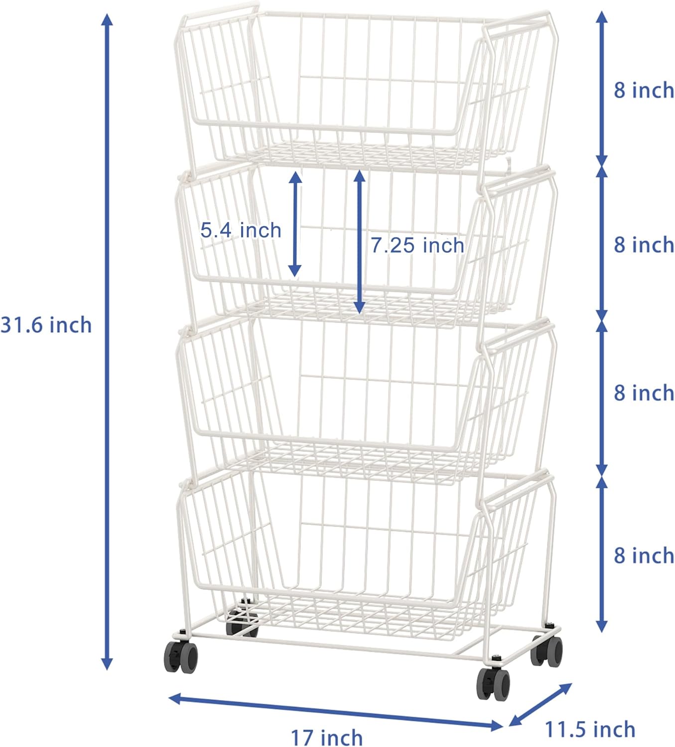 PUSDON 6-Tier Tall Stackable Wire Storage Baskets with Wheels, Vertical Metal Rolling Utility Cart, High Capacity Produce Basket for Kitchen Pantry, Snack Organizer, Matte Black