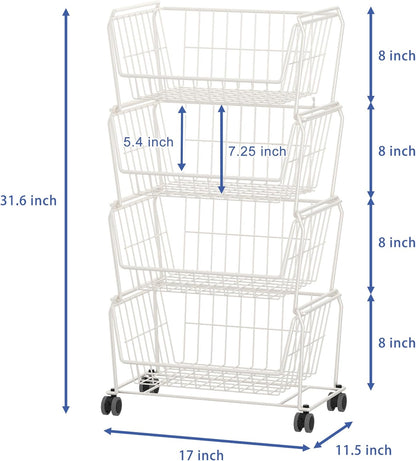 PUSDON 6-Tier Tall Stackable Wire Storage Baskets with Wheels, Vertical Metal Rolling Utility Cart, High Capacity Produce Basket for Kitchen Pantry, Snack Organizer, Matte Black