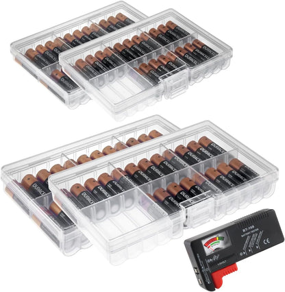 GlossyEnd Set of 4 - Two AA and Two AAA Battery Storage Box, Battery Storage Case Holder with Tester, Clear. Each Case Stores 48 Batteries