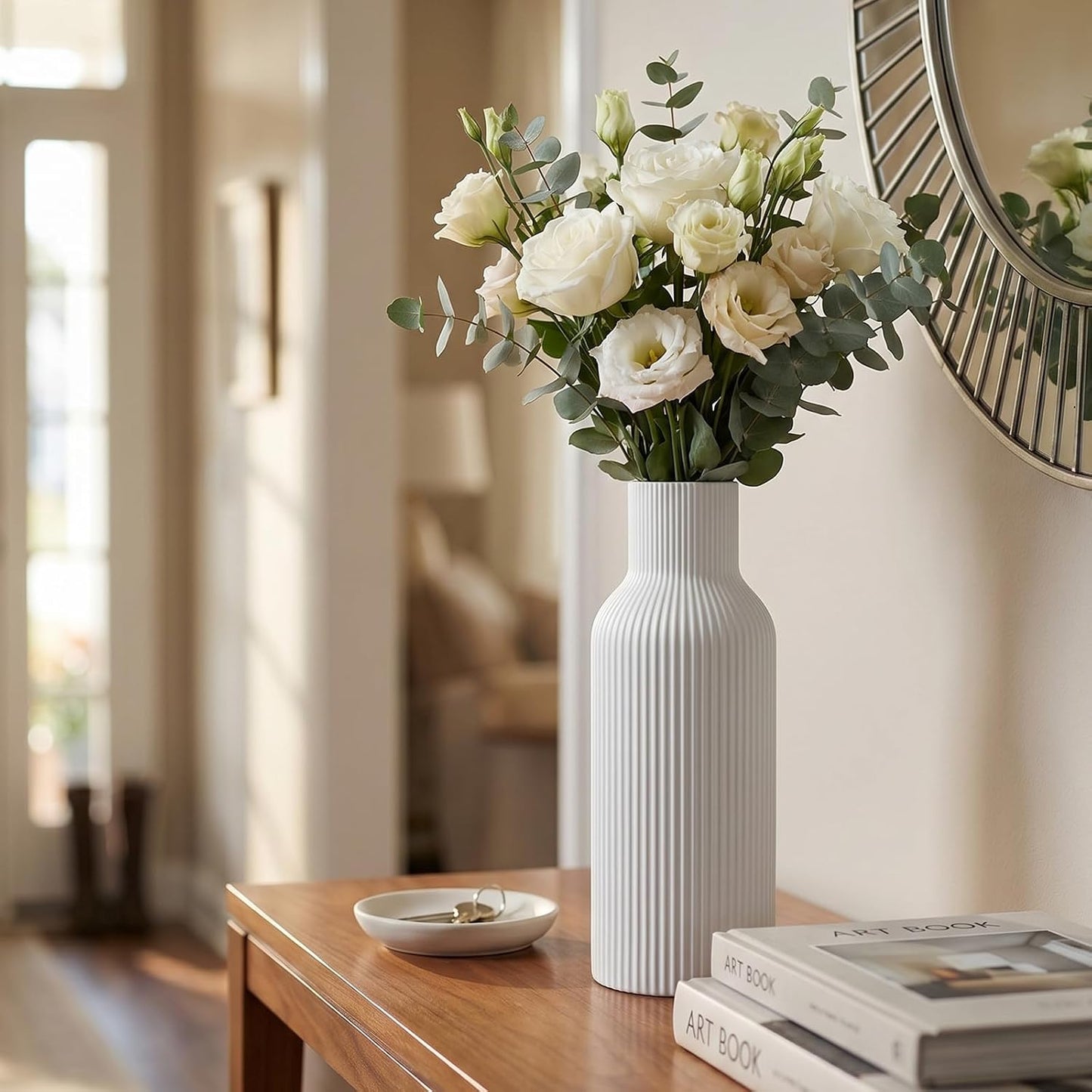 White Ceramic Flower Vases Set of 3, Modern Matte Vertical Ribbed, Nordic Minimalist Decor for Pampas, Dried & Fresh Flowers, Centerpiece for Living Room, Shelf, Entryway, Wedding,Office