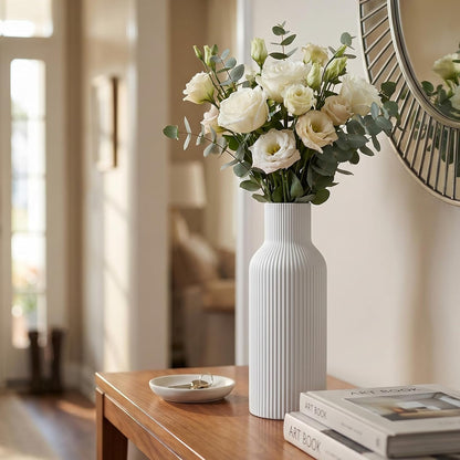 White Ceramic Flower Vases Set of 3, Modern Matte Vertical Ribbed, Nordic Minimalist Decor for Pampas, Dried & Fresh Flowers, Centerpiece for Living Room, Shelf, Entryway, Wedding,Office