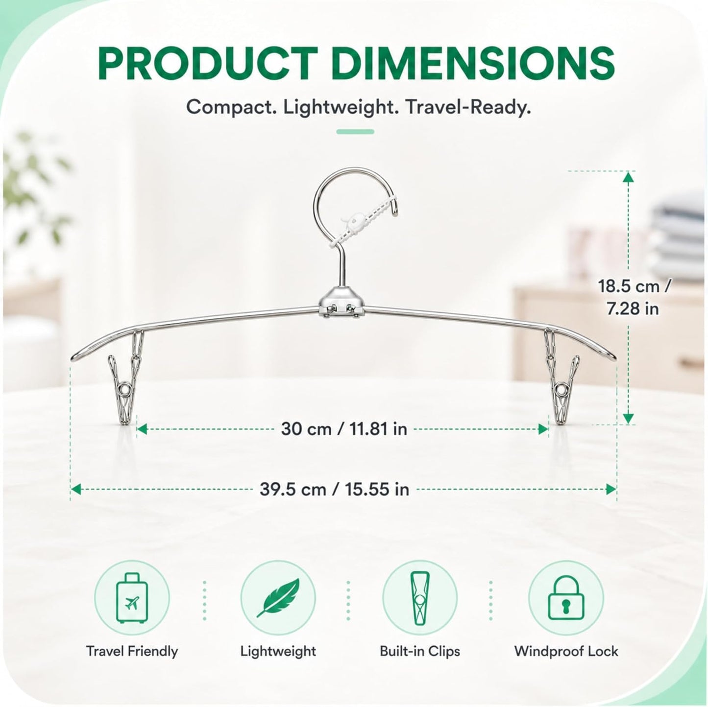 ROOM127 Travel Hangers with Clips, 5 Pack Foldable Stainless Steel Hangers | Windproof Non-Slip Portable Clothes Hangers for Cruise, Camping, RV, Hotel, Suitcase, Silver