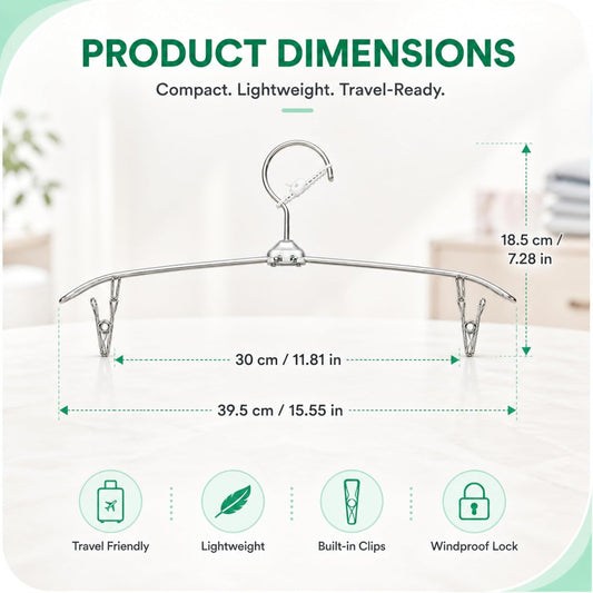ROOM127 Travel Hangers with Clips, 5 Pack Foldable Stainless Steel Hangers | Windproof Non-Slip Portable Clothes Hangers for Cruise, Camping, RV, Hotel, Suitcase, Silver
