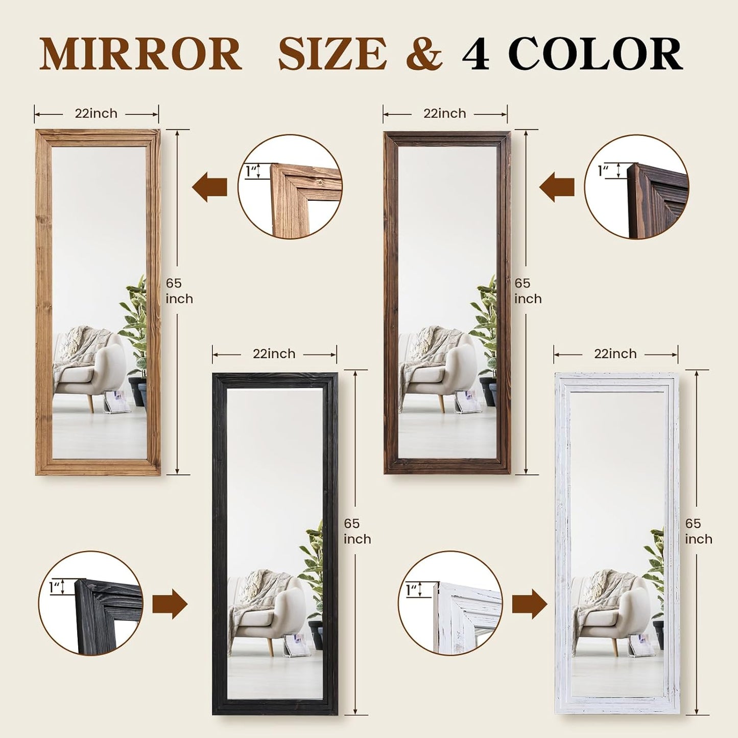 Full Length Mirror 65"x22" with Stand Solid Wood Frame Floor Large Mirror for Living Room, Bedroom Hanging Standing or Leaning Wall-Mounted, New Black