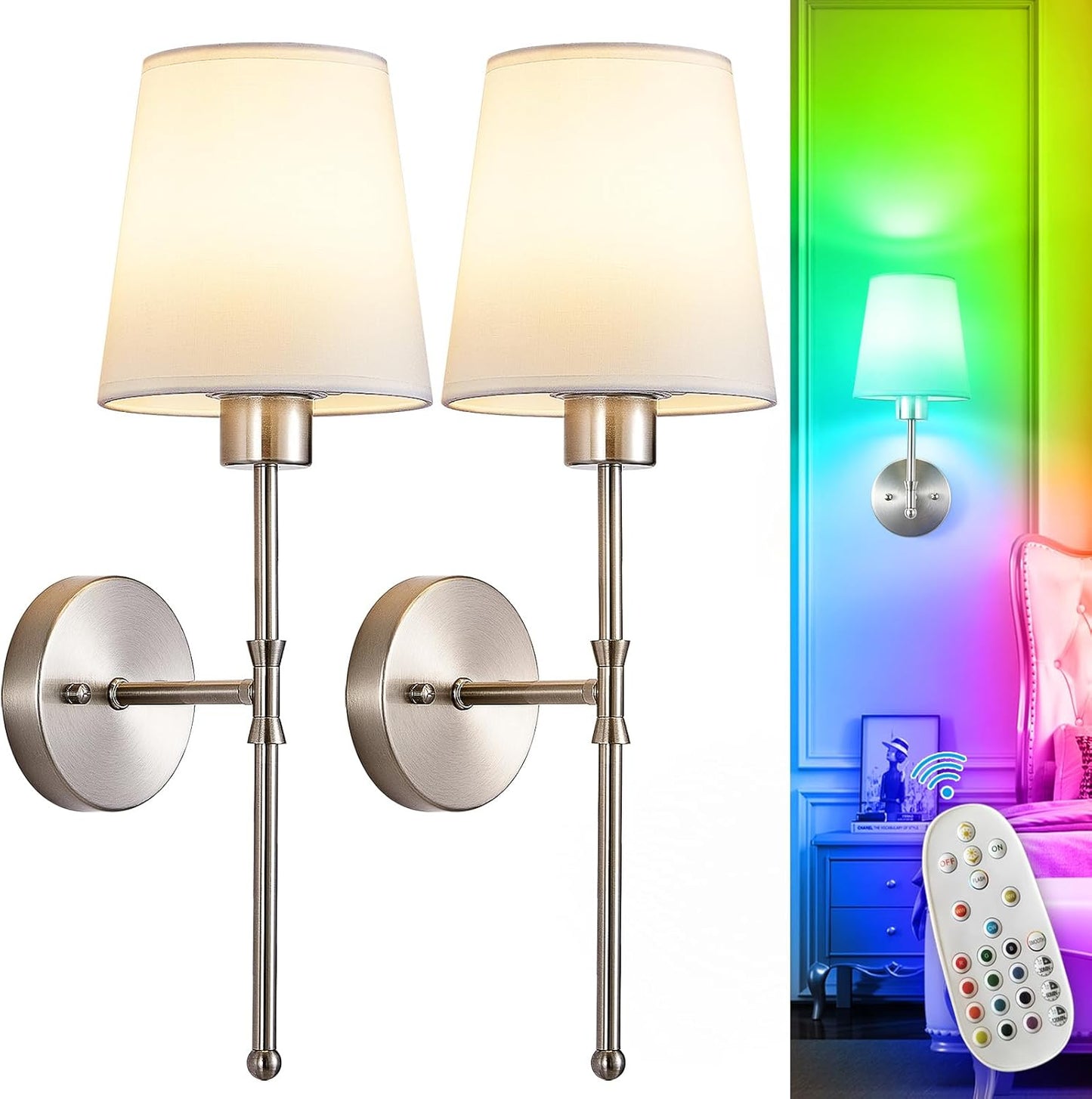 Depuley Battery Operated Wall Sconce: Set of 2 Wireless Wall Lights with 10000mAh Dimmable Bulbs and Remote for Bedroom - Rechargeable 15 Colors Gold Wall Lamp for Living Room Hallway