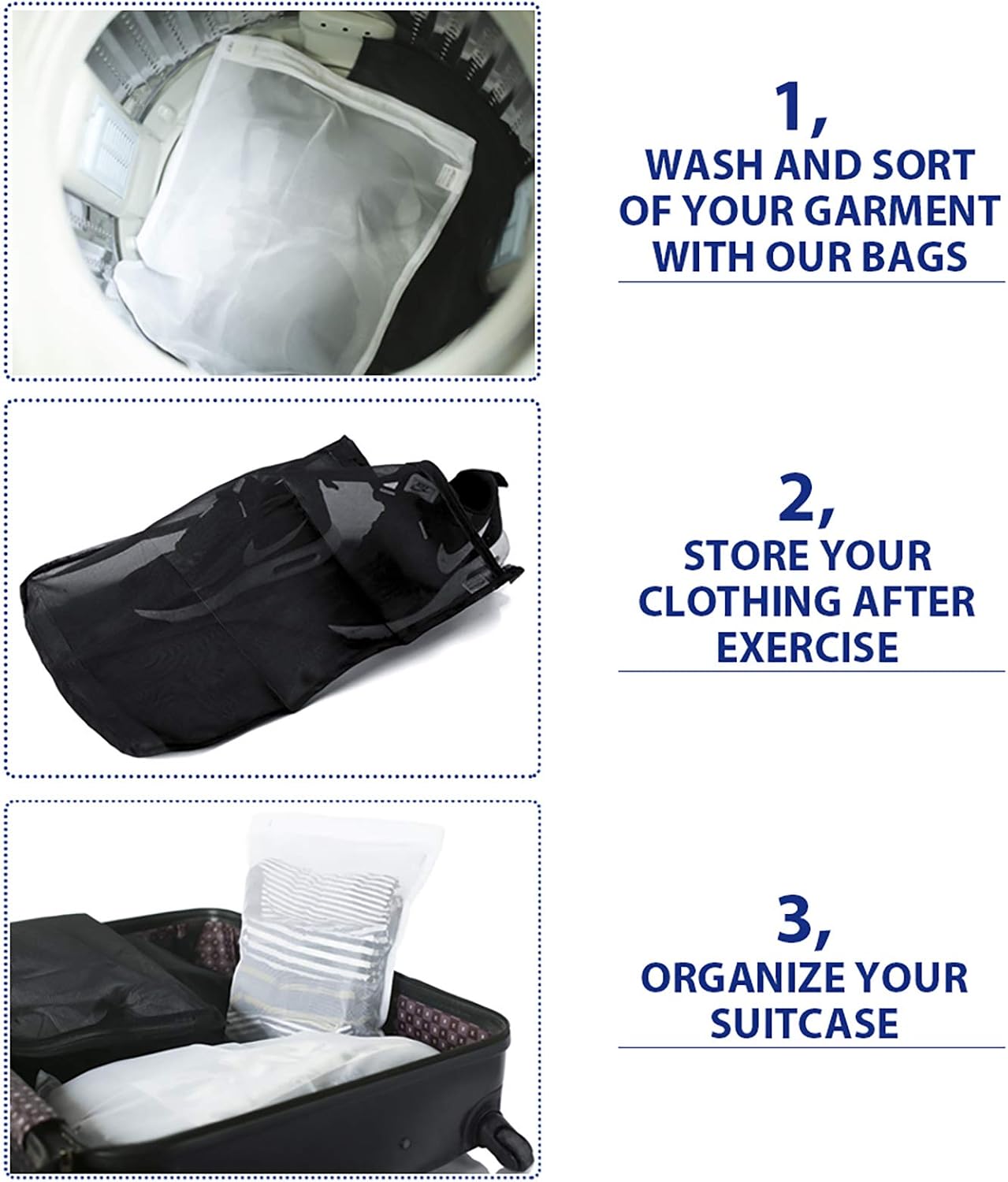 TENRAI Delicates Laundry Bags, Bra Fine Mesh Wash Bag for Underwear, Lingerie, Bra, Pantyhose, Socks, Use YKK Zipper, Have Hanger Loops, (White, 3 Large)