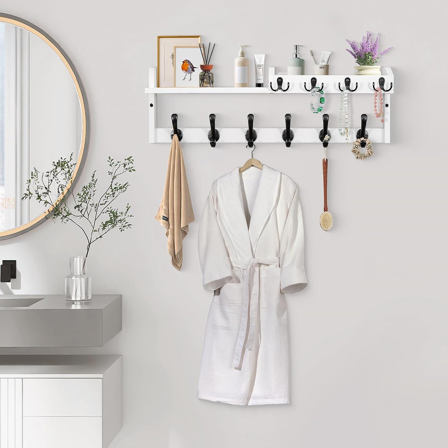 Coat Rack Wall Mount with Shelf, 27.5" Entryway Wall Hanging Shelf, Coat and Key Hanger with 10 Dual Hooks, Mail Organizer and Key Holder Hat Rack for Wall, Wood Coat Hooks with Storage