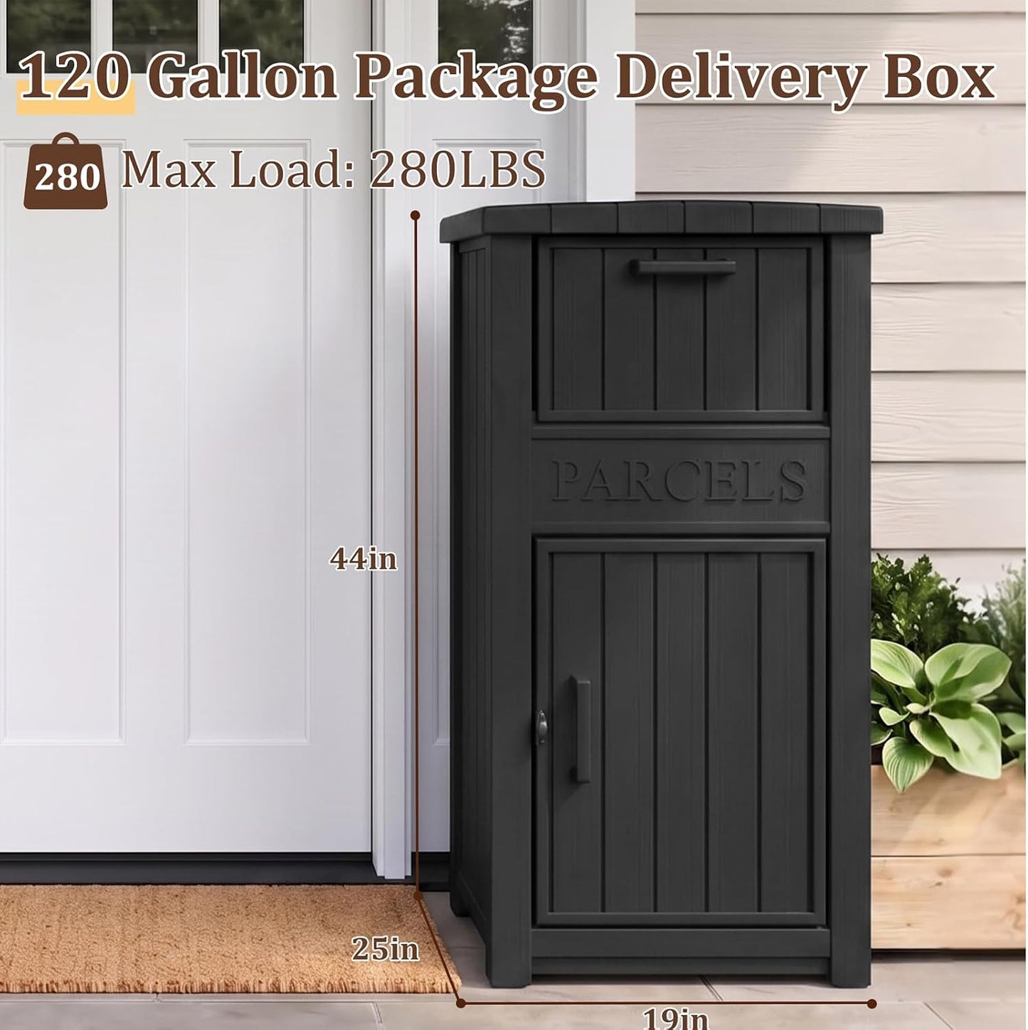 Outdoor Storage Box, 90 Gallon Package Delivery Boxes for Outside, with Lockable Secure, Deck Box Outdoor Waterproof for Entryway, Front Porch, Backyard, Garden, Patio, Lawn, Black
