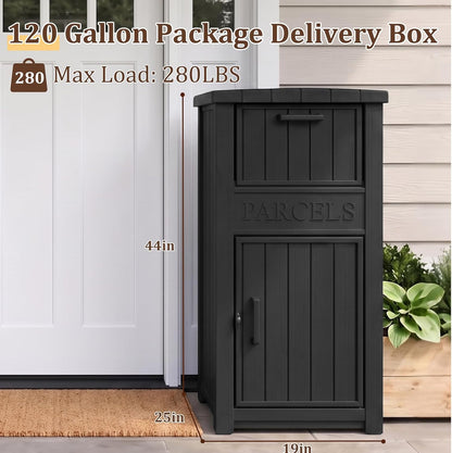 Outdoor Storage Box, 90 Gallon Package Delivery Boxes for Outside, with Lockable Secure, Deck Box Outdoor Waterproof for Entryway, Front Porch, Backyard, Garden, Patio, Lawn, Black