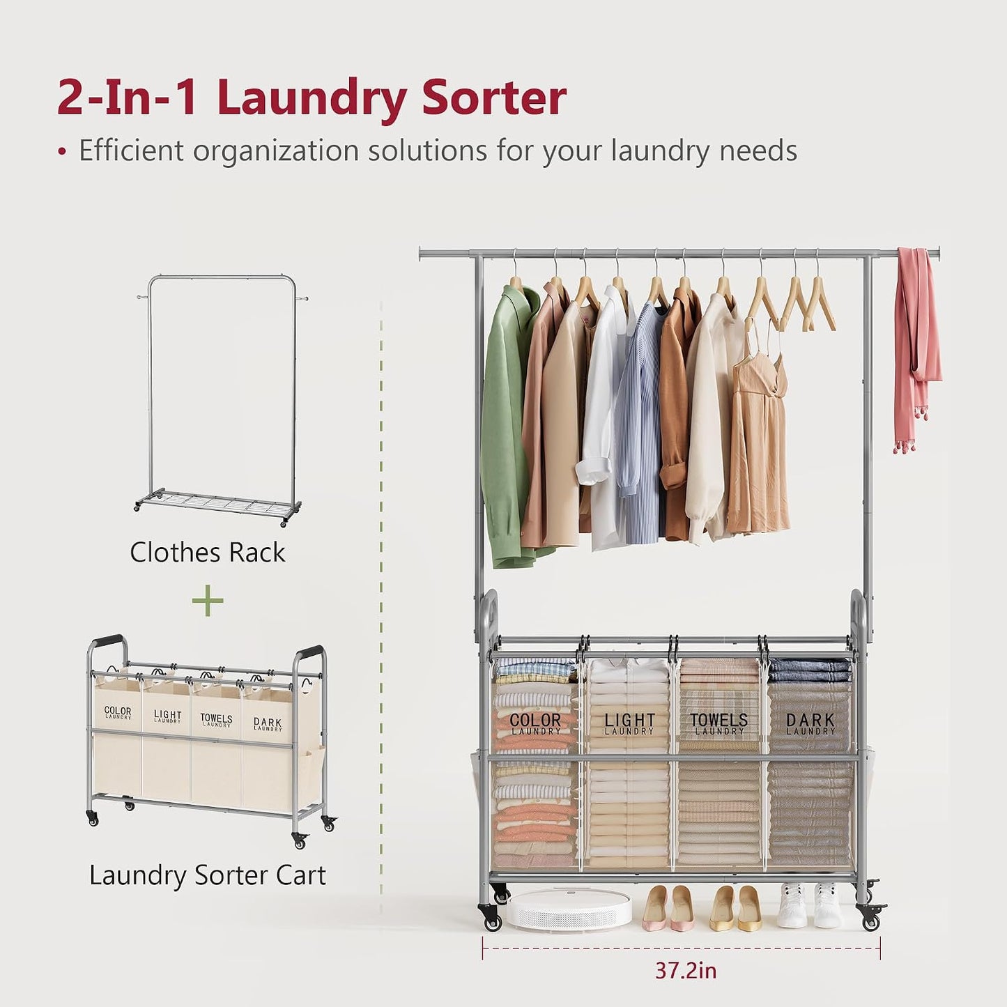 Tajsoon Laundry Hamper with Hanging Rack, 3 Section Laundry Sorter with Heavy Duty Lockable Wheels, Laundry Basket Organizer for Dirty Clothes Storage, 3 Beige