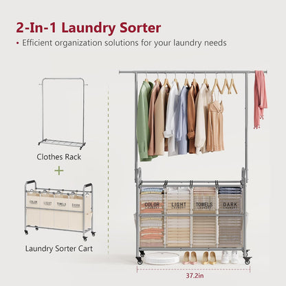 Tajsoon Laundry Hamper with Hanging Rack, 3 Section Laundry Sorter with Heavy Duty Lockable Wheels, Laundry Basket Organizer for Dirty Clothes Storage, 3 Beige