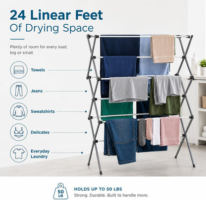 Honey-Can-Do 6-Tier Collapsible Steel Clothes Drying Rack, 24 ft, White | 6-tier steel rack with 24 ft of drying space folds flat to 3 in. Coated bars are gentle on delicates; 50 lb capacity.