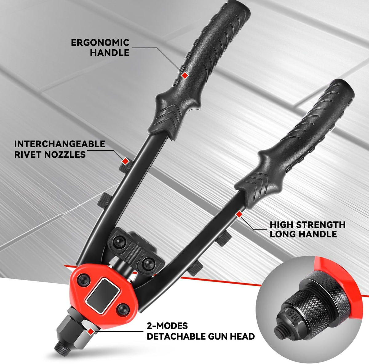 Auto Dynasty 21" Hand Riveter Rivet Nut Tool Set with 5 Guide Nozzle Silver Repair Hand Tool Kit Set for Home Household Office Warehouse