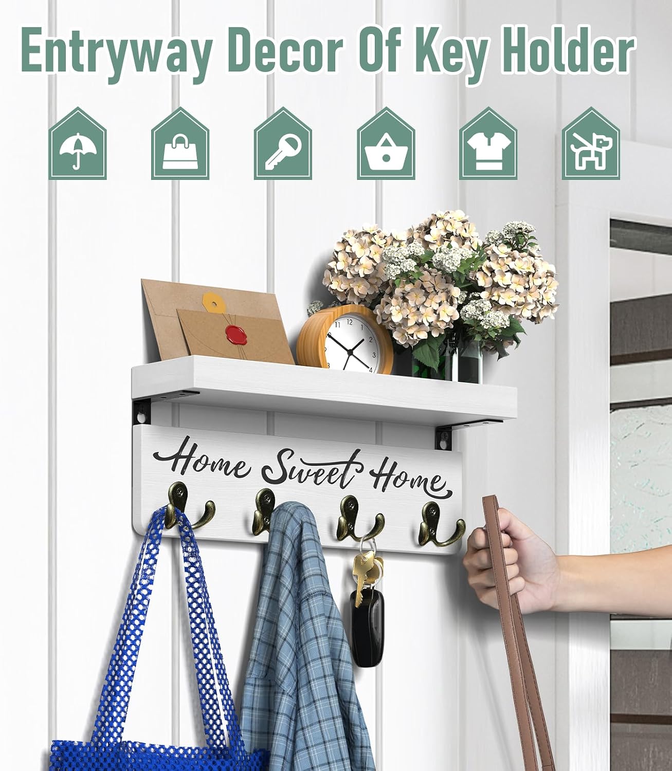 buways Key Holder Wall Mount with 4 Double Hooks-Solid Wood Wall-Mounted Organizer for Keys&Mail Rustic Key Rack Hanger Holder Home Decor for Entryway Living Room (Gray)
