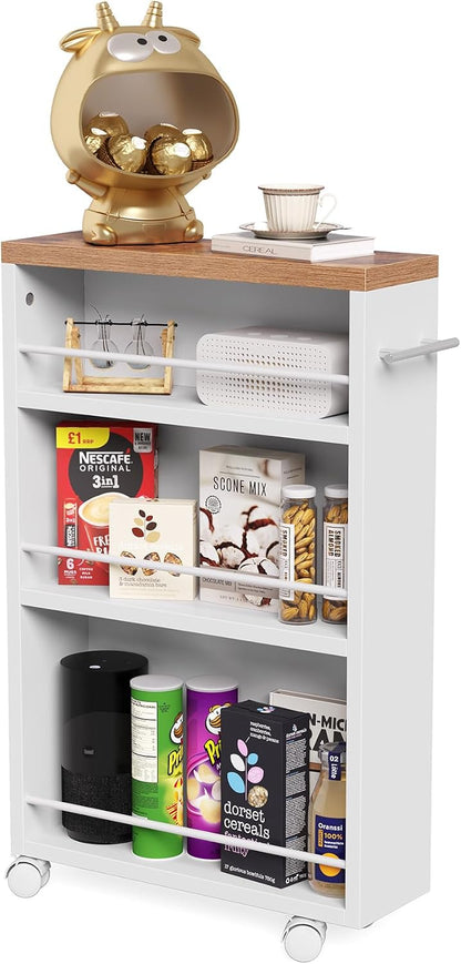 LITTLE TREE 4 Tier Rolling Cart with Wheels, 6.3 Inch Slim Storage Cart, Wooden Snack Cart with Narrow Shelf, White Laundry Room and Bathroom Organizer Shelves