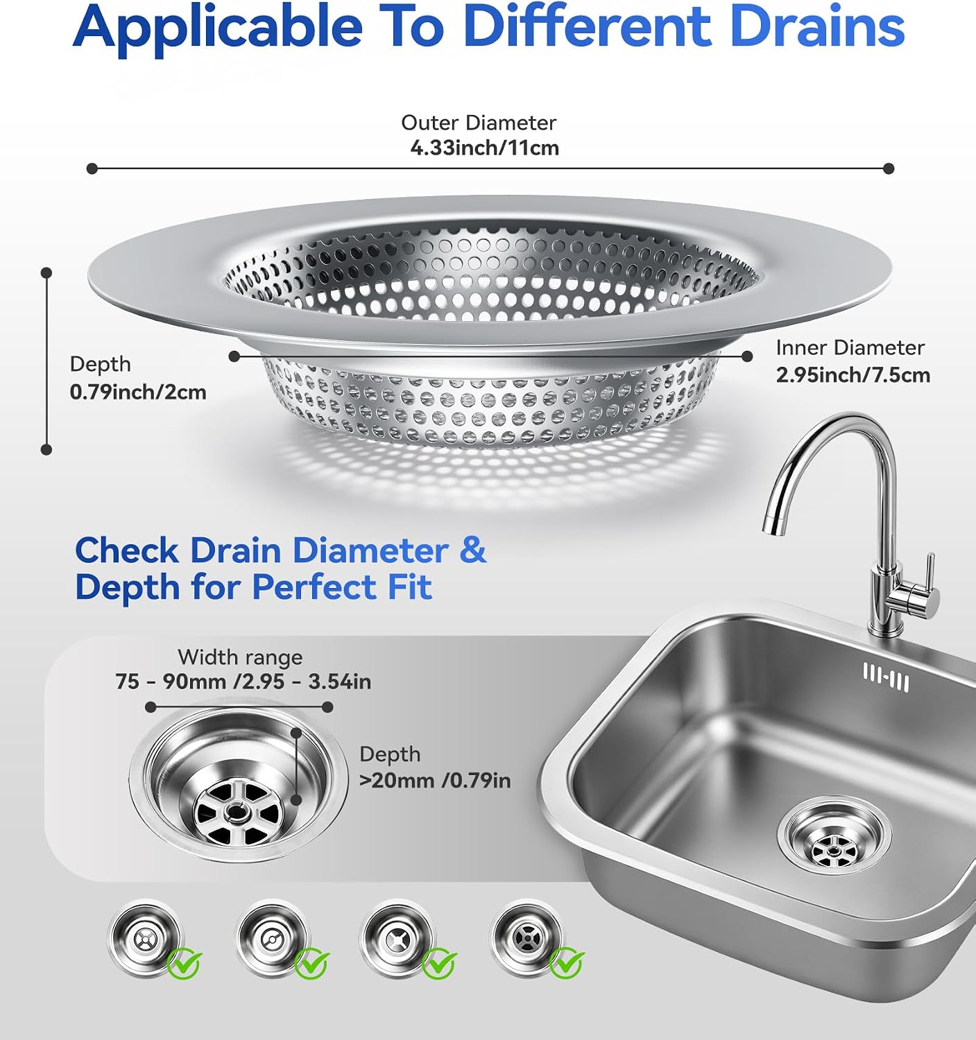 Anti-Clog Sink Drain Strainer Applicable to Different Kitchen Drains, Safe Design Stainless Steel Kitchen Sink Strainer, Drain Cover Filter Food Catcher Basket Easy to Clean - Inner Diameter 2.95 Inch