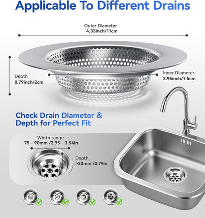 Anti-Clog Sink Drain Strainer Applicable to Different Kitchen Drains, Safe Design Stainless Steel Kitchen Sink Strainer, Drain Cover Filter Food Catcher Basket Easy to Clean - Inner Diameter 2.95 Inch