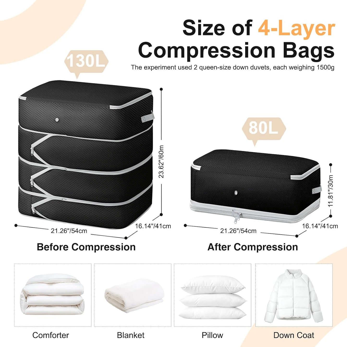 Comforter Storage Bag - Large Capacity Blanket Storage Bags 3-Layer Ultra Space Saving Self Compression Organizer, Washable Compression Bags for Storage Comforter Blanket, 2-Pack, Beige