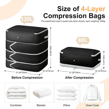 Comforter Storage Bag - Large Capacity Blanket Storage Bags 3-Layer Ultra Space Saving Self Compression Organizer, Washable Compression Bags for Storage Comforter Blanket, 2-Pack, Beige