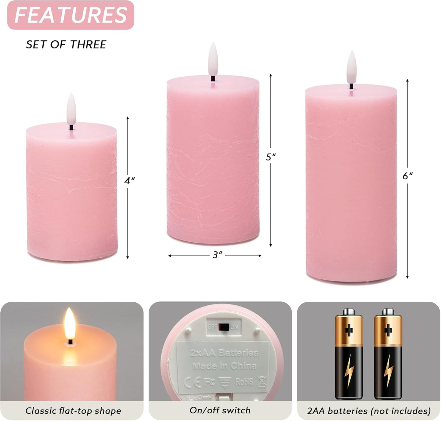 White Flameless Pillar Candles, Battery Operated Wax Candles with Remote, Flat Top Flickering Flameless Candles, LED Candle for Home, Wedding, Party Decor, Set of 3, Φ 3" H 4" 5" 6"