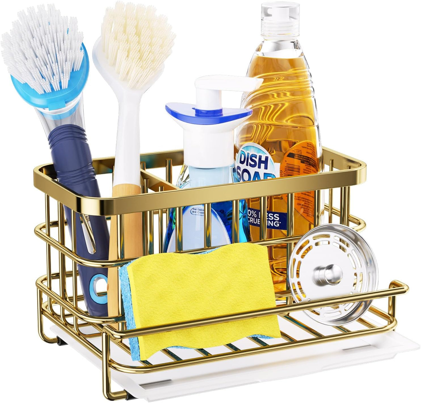 HapiRm Kitchen Sink Organizer, SUS304 Stainless Steel Rustproof Multifunctional Large Sink Caddy with Sponge Holder and Drain Tray for Kitchen Countertop (Silver)