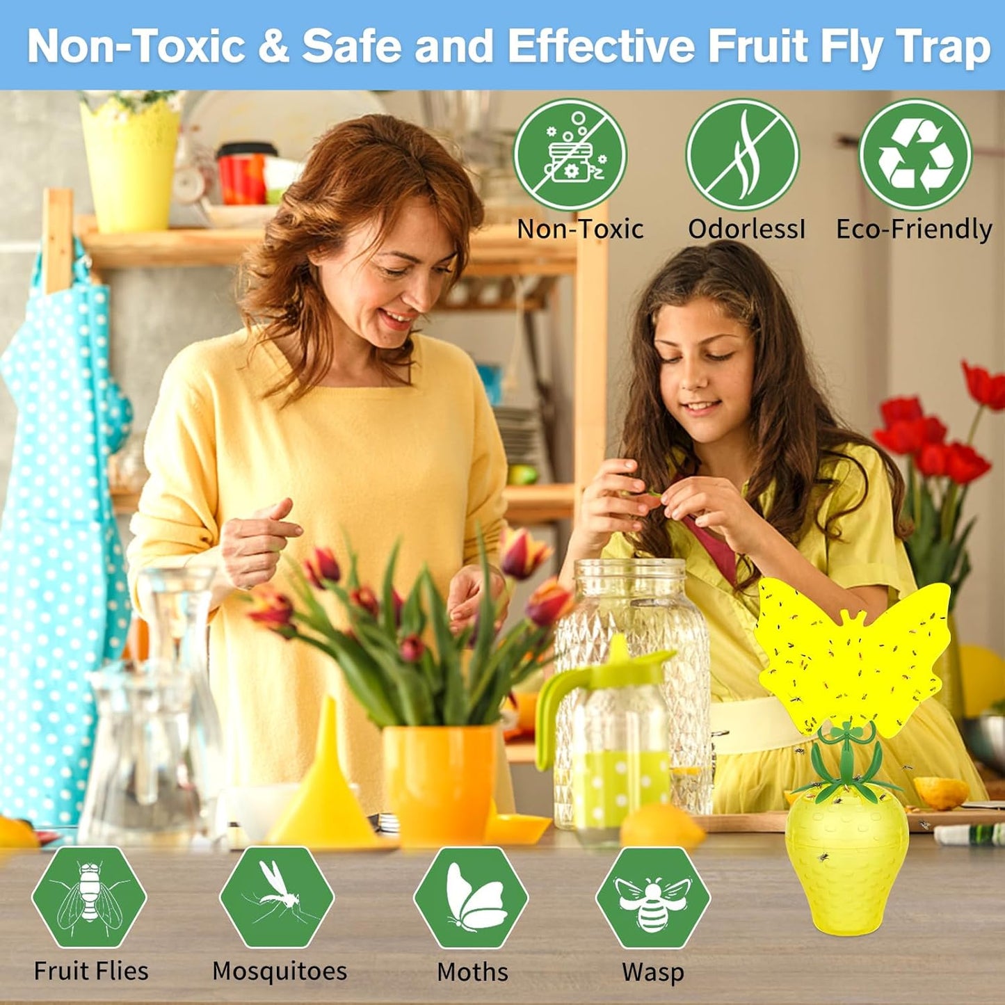 Fruit Fly Traps for Indoors, Gnat Killer Pet&People Safe, Effective Fruit Flies Catcher for Mosquitoes, Gnats, Moths, Durable Flying Insect Trap with Sticky for Home Plants Kitchen Garden