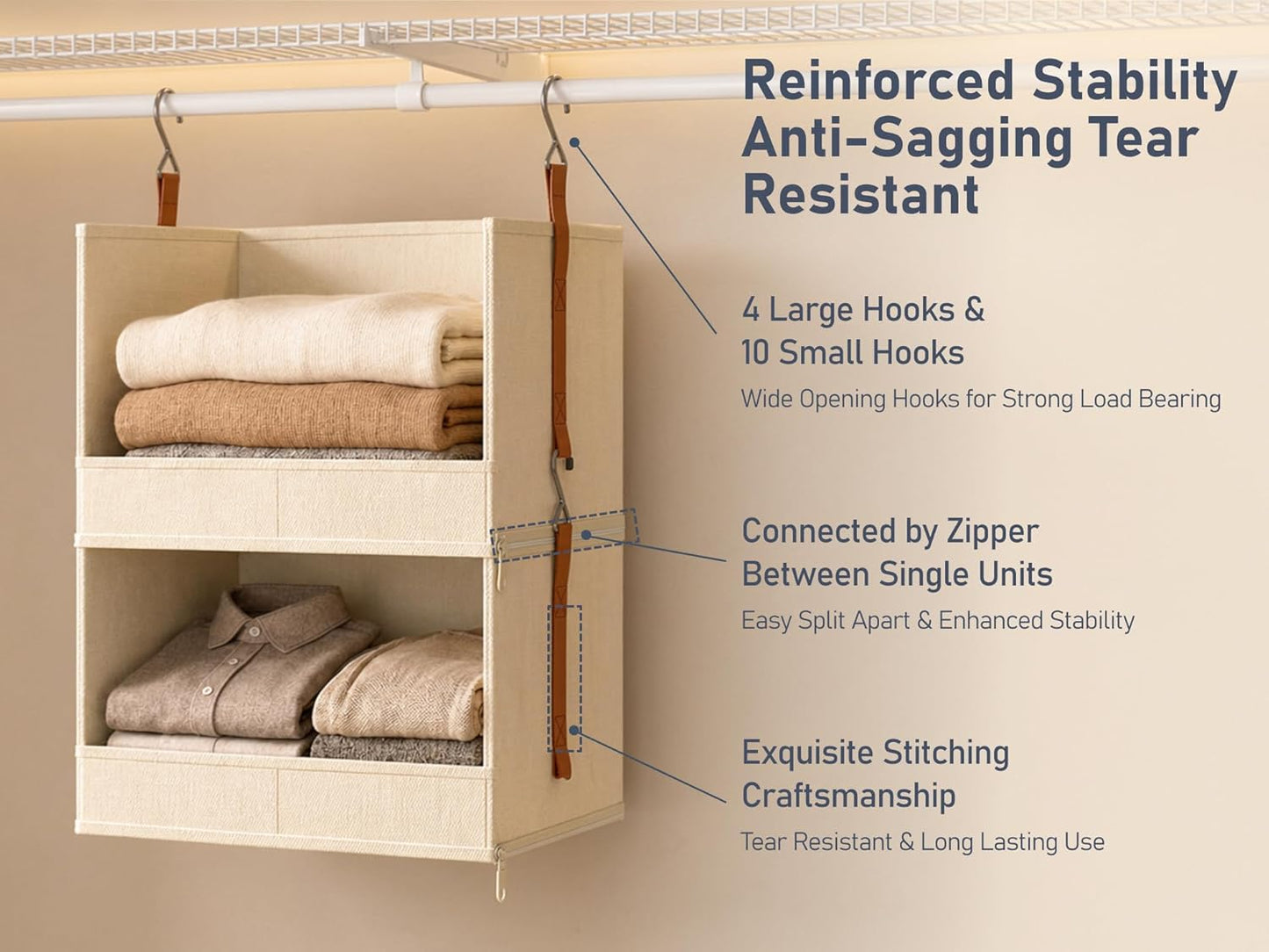 DIMJ Hanging Closet Organizer - 4 Tier Collapsible Hanging Shelves with Hooks Zipper, Fabric Clothes Organizer, Space-Saving Storage Bin Basket for RV, Bedroom, Laundry Organization