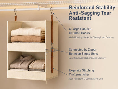 DIMJ Hanging Closet Organizer - 4 Tier Collapsible Hanging Shelves with Hooks Zipper, Fabric Clothes Organizer, Space-Saving Storage Bin Basket for RV, Bedroom, Laundry Organization