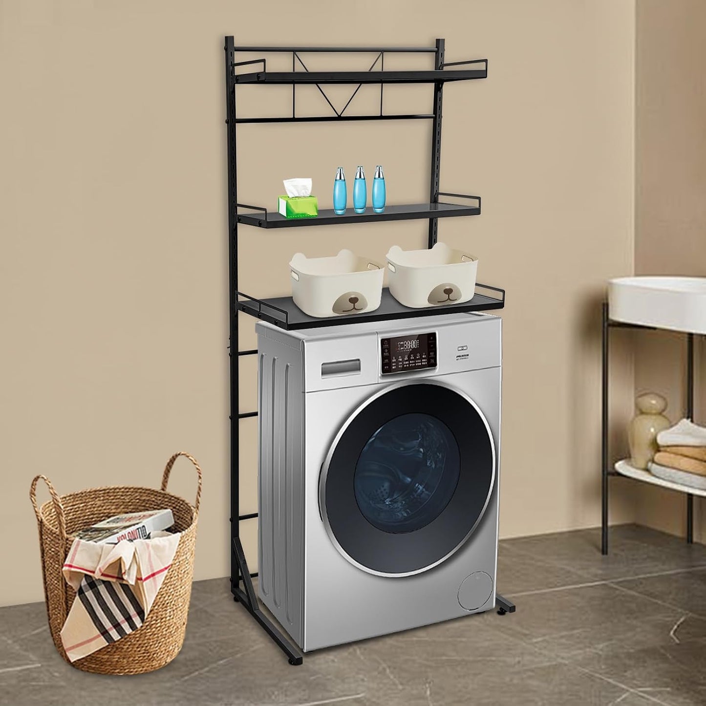 Adjustable Height Laundry Room Shelves for Laundry Room Organization 3 Tiers Laundry Room Organization Shelves Over The Washer and Dryer Storage Shelf (Black, 26.8×18.3×64in)