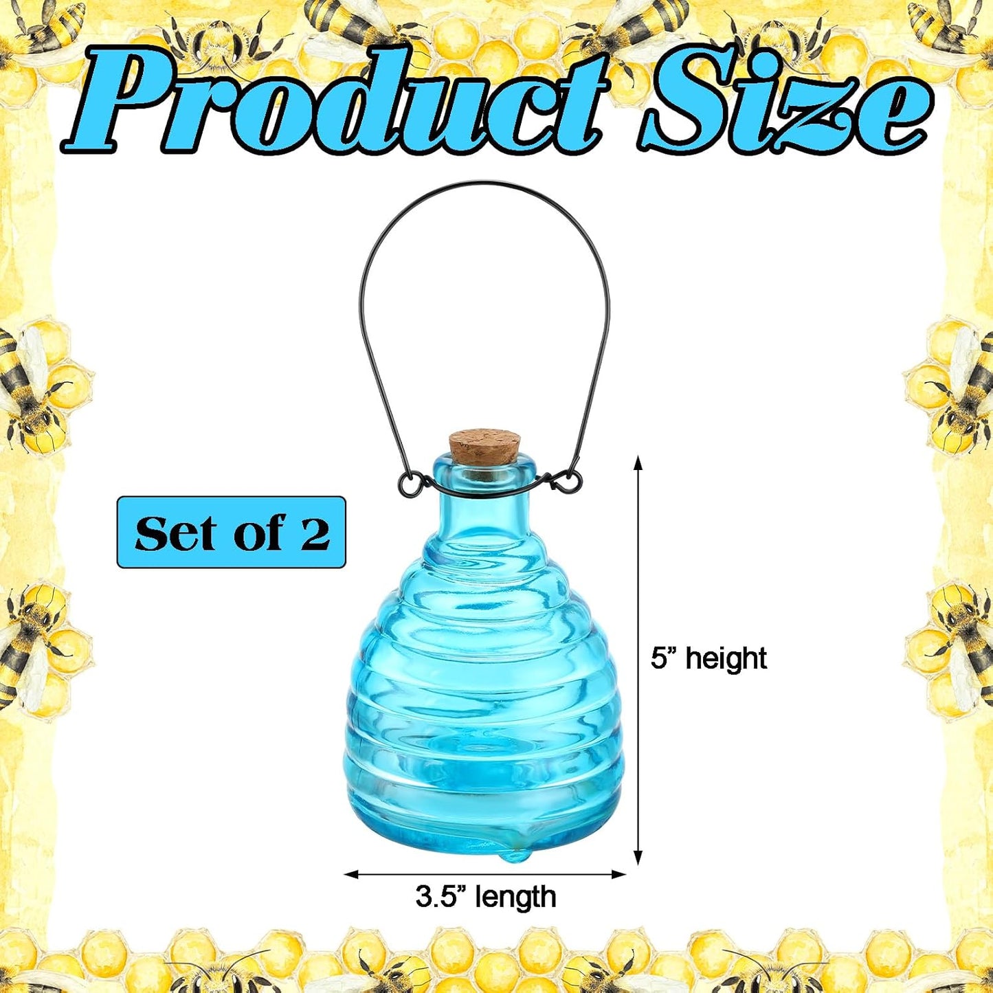 2 Pieces Glass Wasp Trap Outdoor Hanging Reusable Wasp Traps with Steel Hooks Yellow Jacket Catchers Trap for Outside Garden Farm Courtyard Garden, Blue