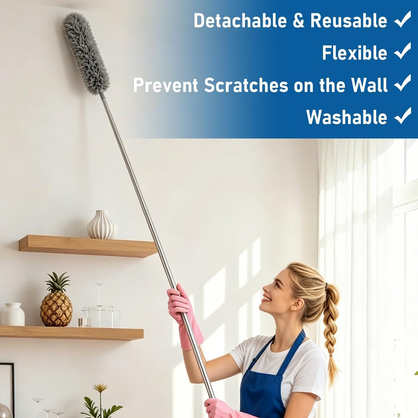 Microfiber Feather Duster 6-in-1 Kit | Extendable Duster with 100" Pole | Washable Long Handle Duster Set for High Ceilings, Fans, Blinds