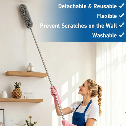 Microfiber Feather Duster 6-in-1 Kit | Extendable Duster with 100" Pole | Washable Long Handle Duster Set for High Ceilings, Fans, Blinds