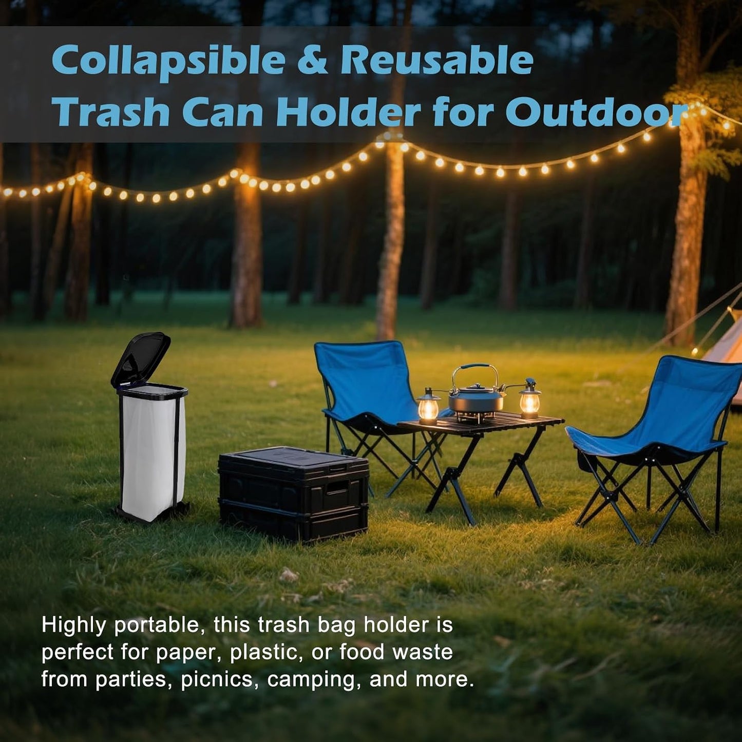 Collapsible Trash Bag Holder Portable Garbage Bin Holder Stand for Kitchen Outside High Capacity Plastic Outdoor Trash Can with Lid for Parties and Camping, Black