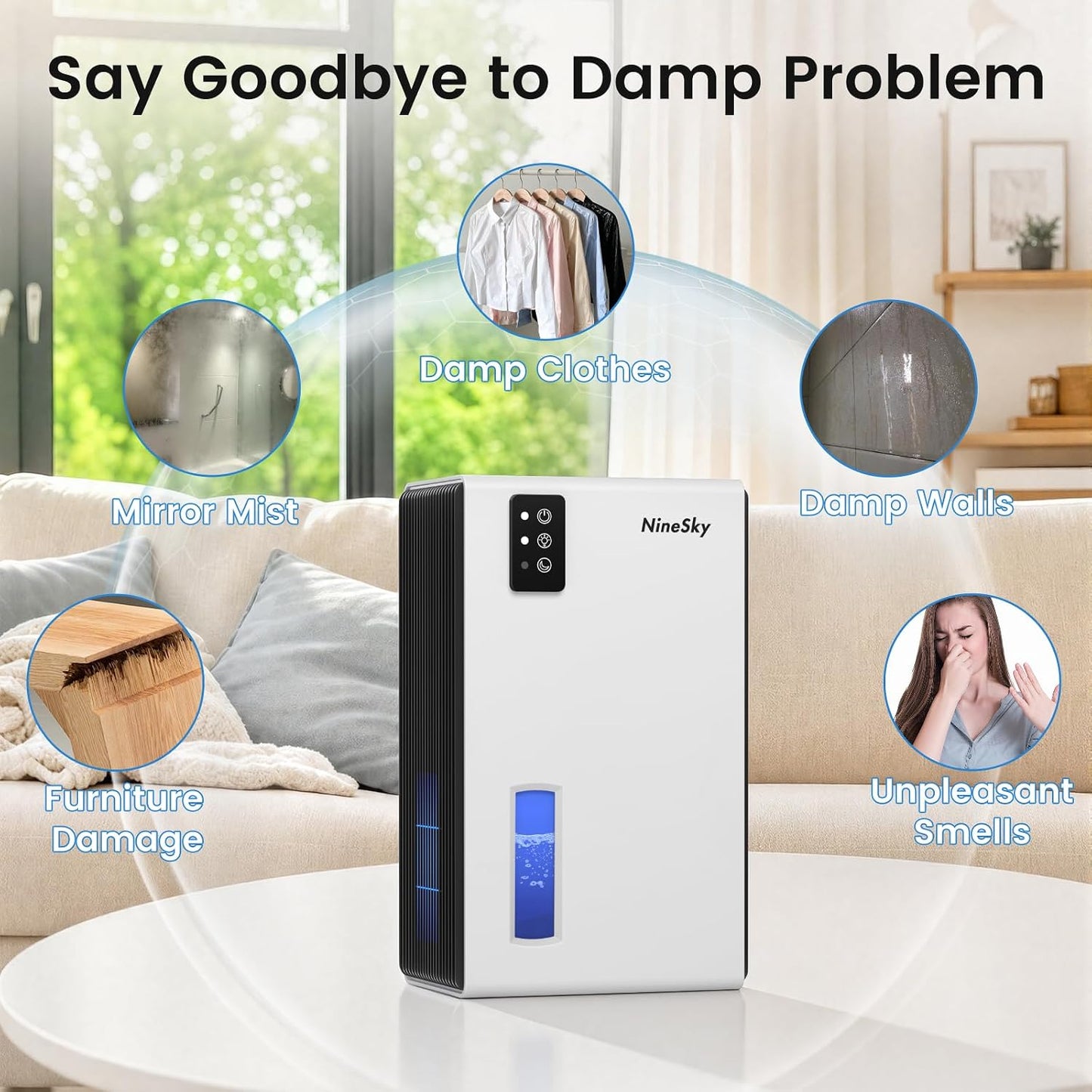 NineSky Dehumidifiers for Home, 1000 Sq.Ft Dehumidifier with 95oz Water Tank, Quiet Dehumidifier for Basement Bathroom Bedroom with 7-Color Ambient Light & Auto Shut Off, Sliver