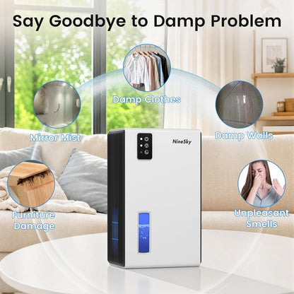 NineSky Dehumidifiers for Home, 1000 Sq.Ft Dehumidifier with 95oz Water Tank, Quiet Dehumidifier for Basement Bathroom Bedroom with 7-Color Ambient Light & Auto Shut Off, Sliver