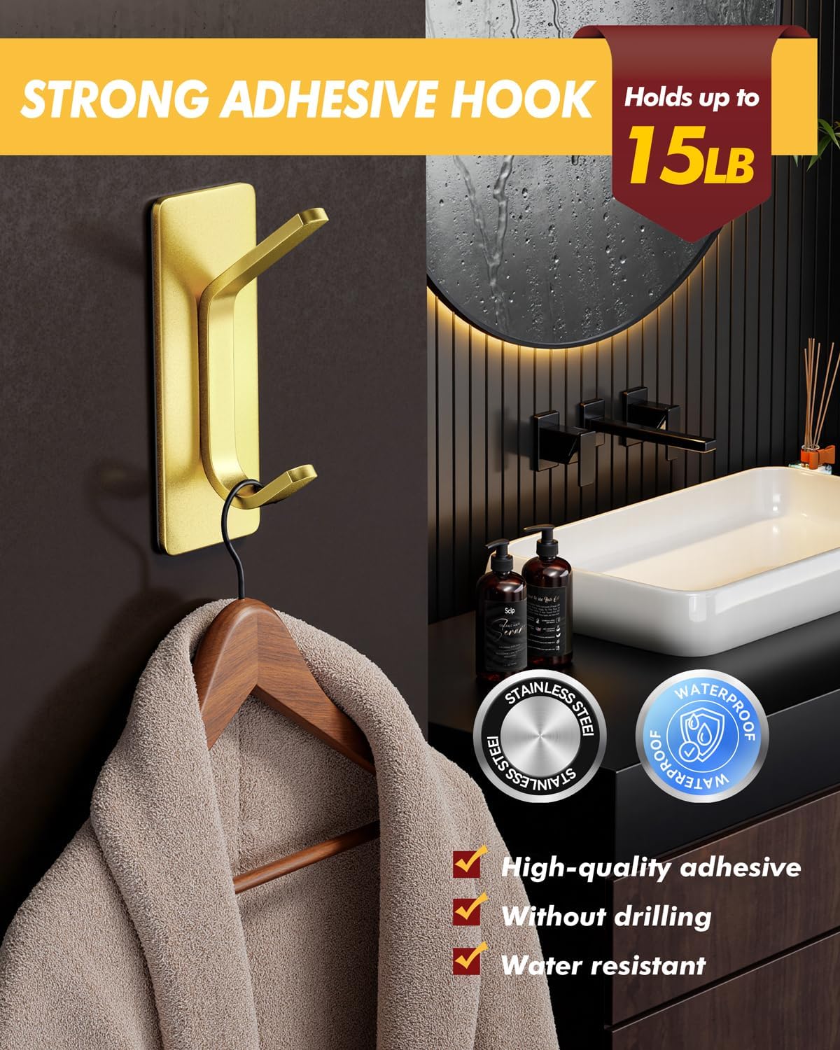 Auxmir Self Adhesive Hooks 15lbs Heavy Duty, 5 Pack Stainless Steel Wall Hooks for Coat Towel Robe, Waterproof Rustproof Oilproof, No Drill Door Hanger for Bathroom Shower Kitchen Office RV, Silver