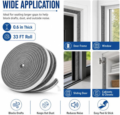 Self-Adhesive Door Draft Stopper & Weather Stripping Door Seal – Gray, 33 Ft x 0.35" Wide x 0.35" Thick Foam Seal Strip – Draft Blocker, Noise Reduction, Insulation