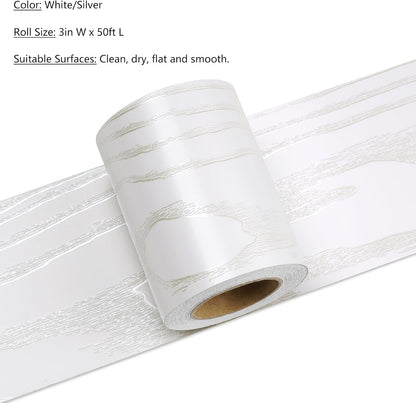 LACHEERY White Oak Wood Border Wallpaper Peel and Stick Bathroom Mirror Frame Border Wood Grain Repair Tape Silver White Bulletin Board Borders Trim Self Adhesive Modern Classroom Borders 3"x197"