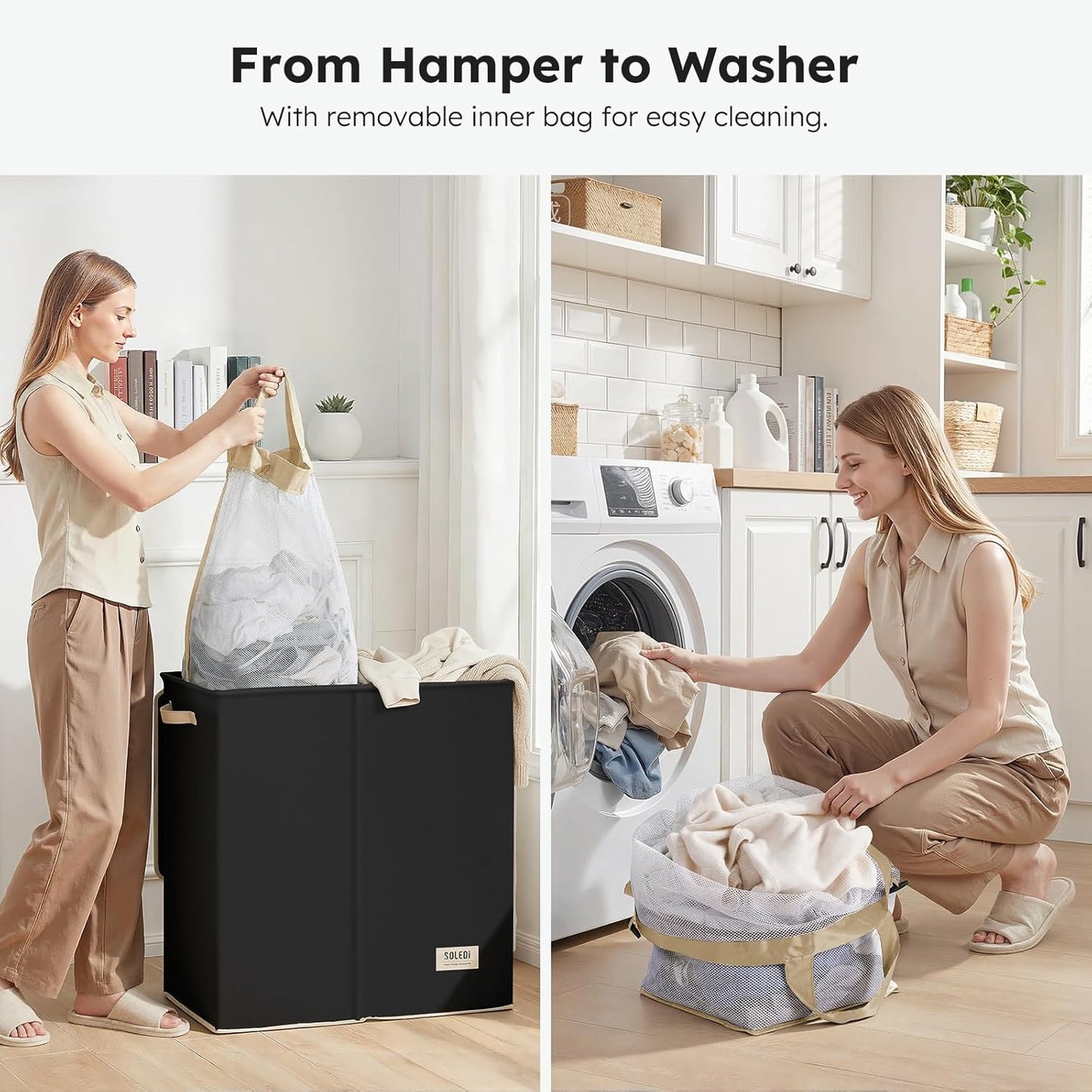 SOLEDI Luxury Double Laundry Hamper with Lid and Removable Bags, 38.3 Gal Large Laundry Bin, Laundry Basket 2 Sections, Collapsible Clothes Hamper for Bedroom, Laundry Room, Bathroom, Off-white