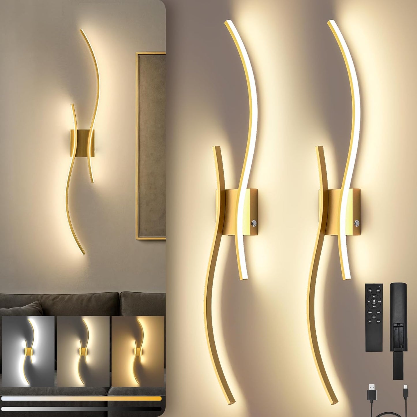 Battery Operated Wall Sconces Set of Two, 10000mAh Rechargeable Modern Wall Lights with Remote Control, Dimmable Gold LED Cordless Lighting for Living Room, Bedroom, Hallway, 39.4 Inch, 3CCT