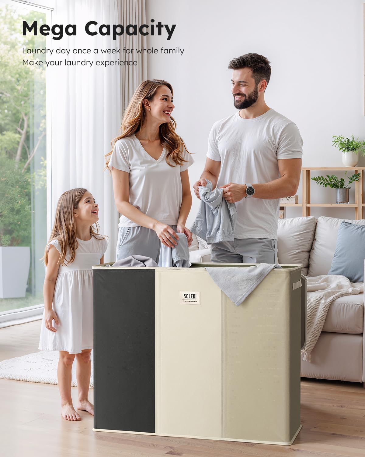 SOLEDI 180L Laundry Hamper 3 Section, Extra Large Laundry Hamper with Lid, Dirty Clothes Hamper with Sturdy Handle, Large Laundry Basket Organizer for Laundry Room, Bedroom, Hampers for Laundry