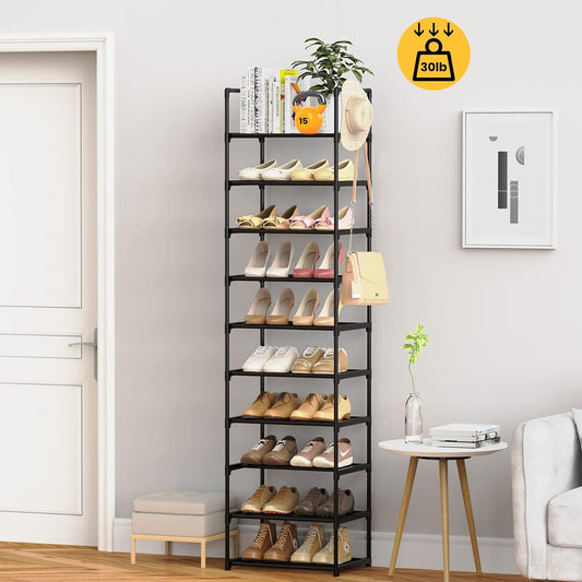 Narrow Shoe Rack 10 Tiers Tall Shoe Rack for Entryway Closet 20 24 Pairs Shoe & Boots Organizer Storage Shelf Durable Black Metal Stackable Shoe Cabinet with Hooks, 17.1D x 11.8W x 78.7H in