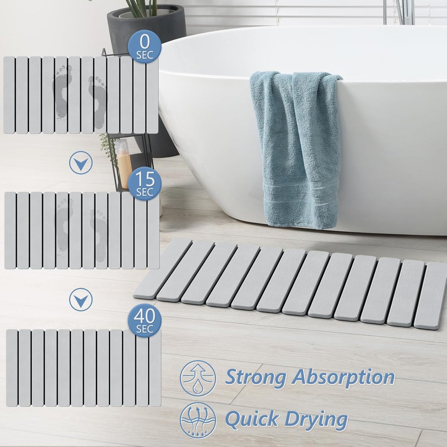 AWW Foldable Stone Bath Mat, Quick Dry Diatomaceous Earth Bath Mat with Non-Slip Mat, Super Absorbent, Easy to Clean, Compact for Small Bathrooms, 23.6 x 15.5, Grey