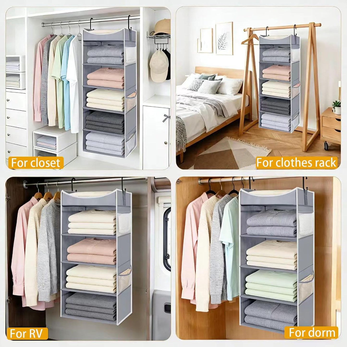 4-Shelf Hanging Closet Organizer and Storage with 4 Side Pockets, Collapsible Closet Hanging Shelves for Storage, Grey